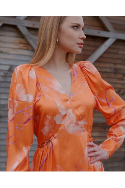 V Neck Floral Print Long Sleeve Orange Dress 39639 - 2