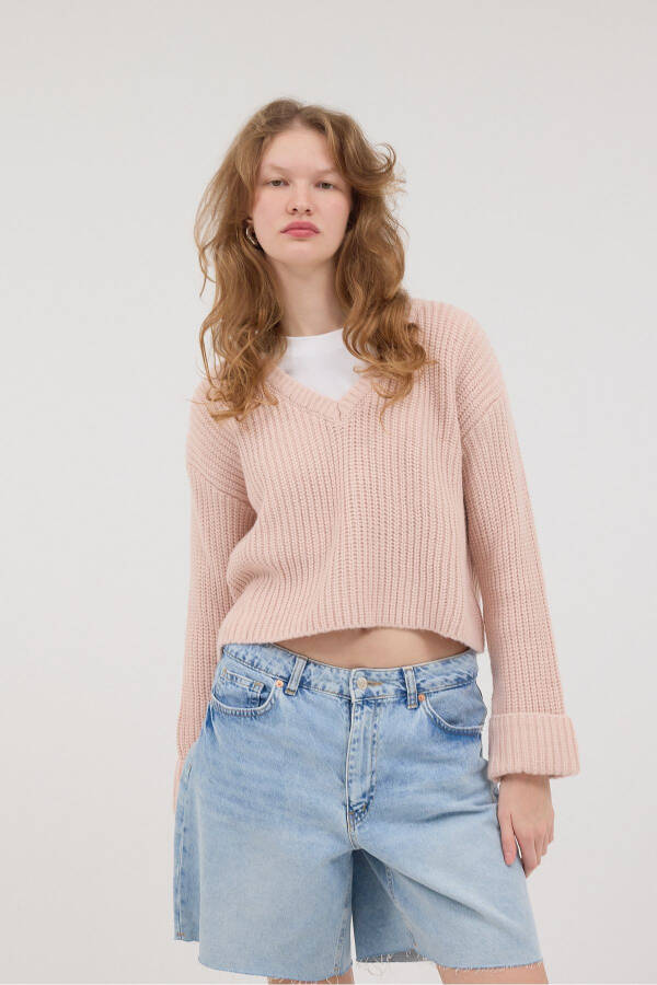 V Neck Folded Sleeve Knitwear Sweater K3389-asn75 - 4
