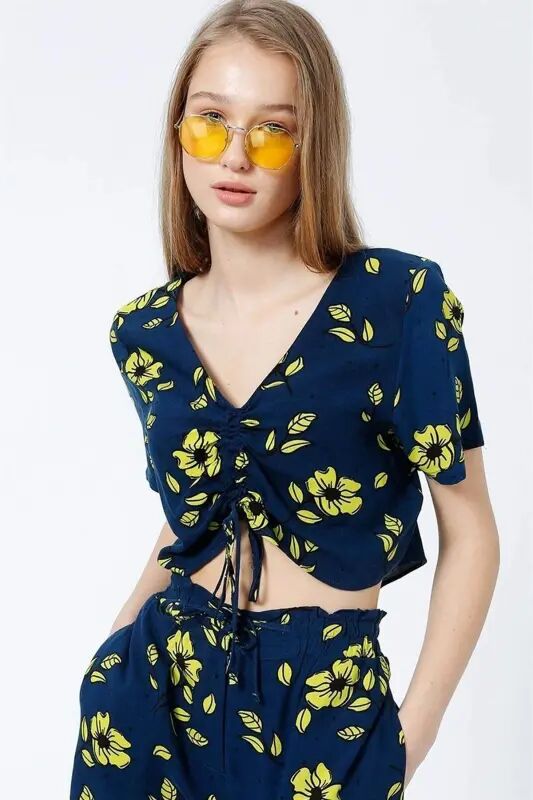 V-Neck Front Tie Ruffled Blue Blouse - 5