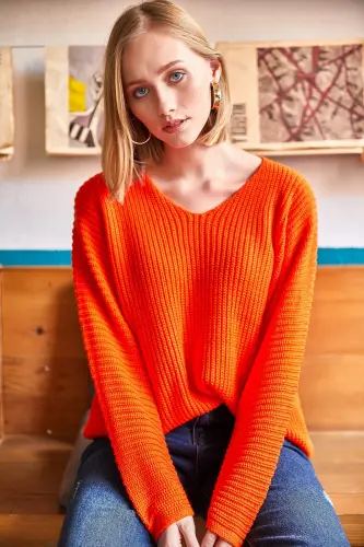 V-Neck Honeycomb Knit Oversize Sweater-Orange - OLALOOK (1)