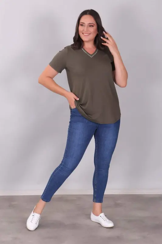V-Neck Khaki Blouse with Stone Strip Detail - BÜYÜKBEDENIZ