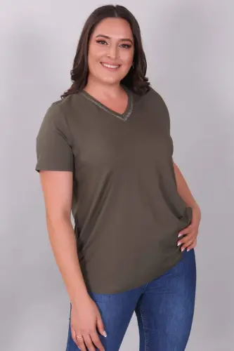 V-Neck Khaki Blouse with Stone Strip Detail - 3