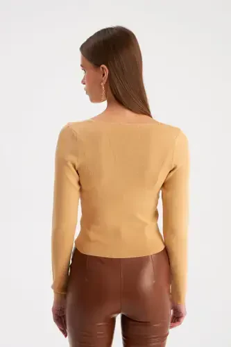 V-Neck Knit Crop - Biscuit-BISCUIT - 5