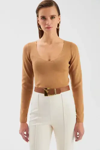 V Neck Knit Crop - Mink - 3
