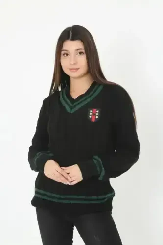 V-Neck Knit Sweater - Black - 1