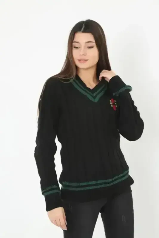 V-Neck Knit Sweater - Black - 2