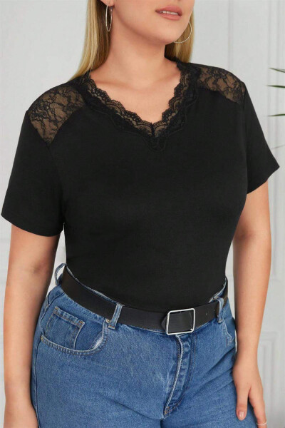 V-Neck Lace Plus Size Cotton Blouse Black - 1