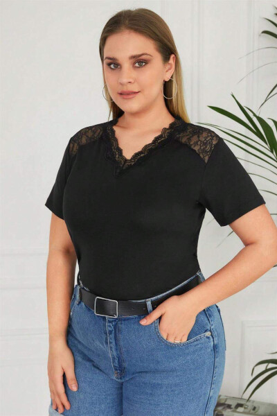 V-Neck Lace Plus Size Cotton Blouse Black - 2