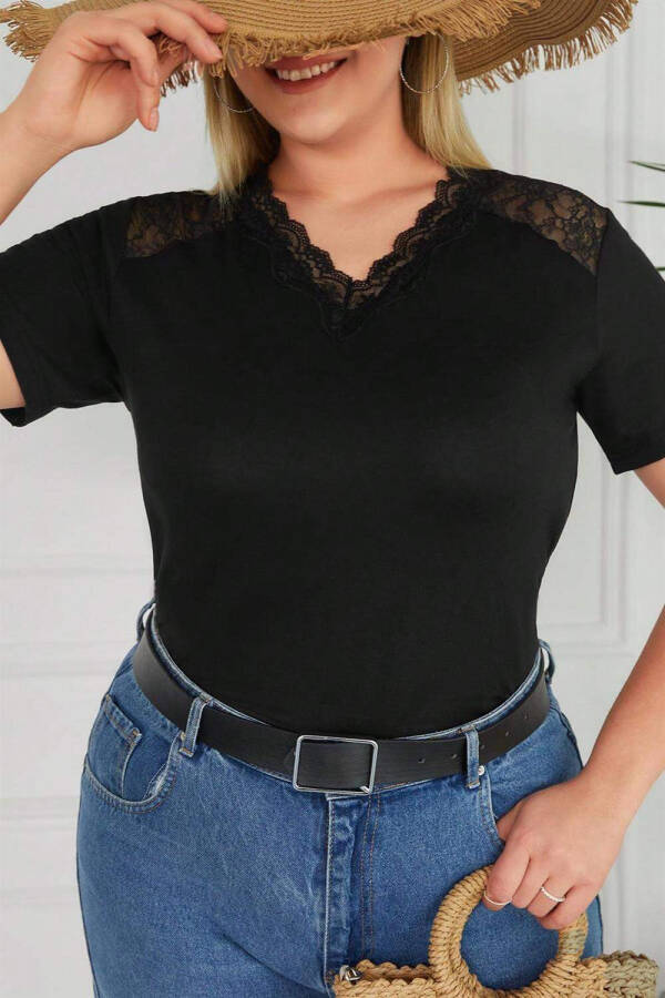 V-Neck Lace Plus Size Cotton Blouse Black - 4