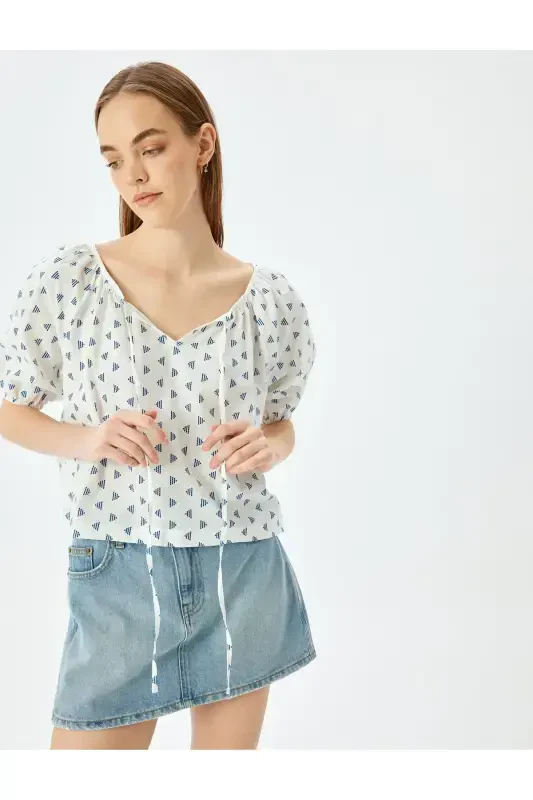 V-Neck Lace-Up Balloon Sleeve Blouse - KOTON