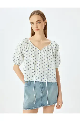 V-Neck Lace-Up Balloon Sleeve Blouse - 3