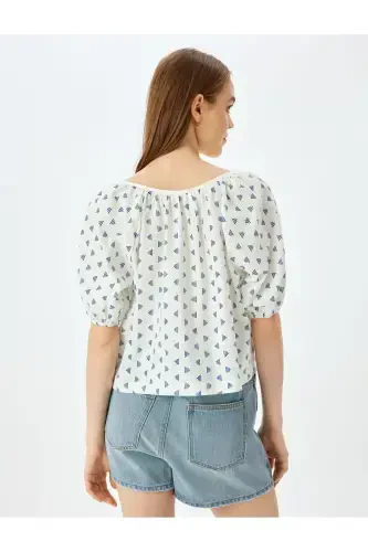V-Neck Lace-Up Balloon Sleeve Blouse - 4