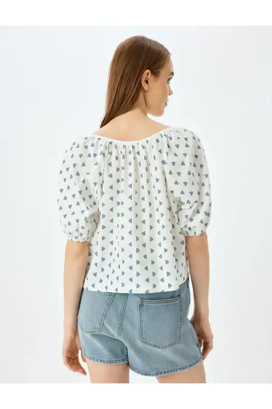 V-Neck Lace-Up Balloon Sleeve Blouse - 4