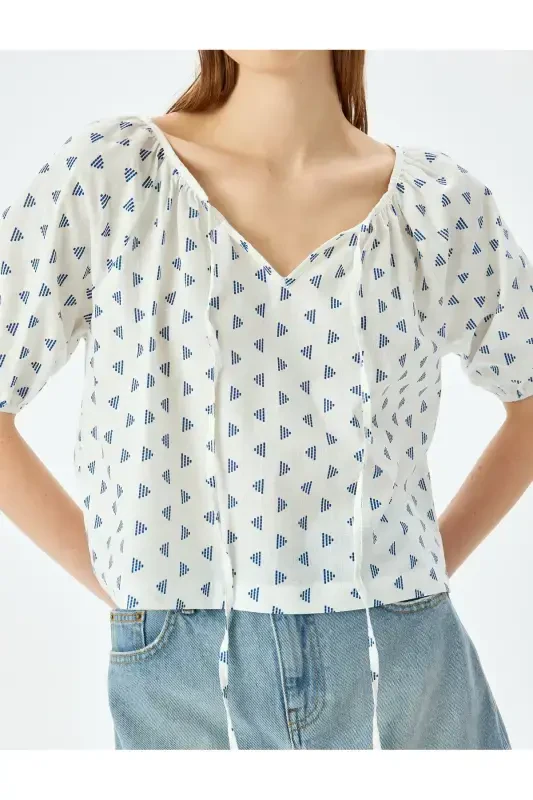 V-Neck Lace-Up Balloon Sleeve Blouse - 5