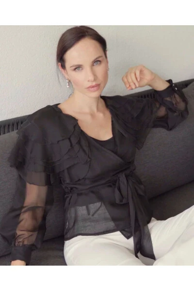 V-Neck Layered Shoulders Black Shirt 39339 - SERPIL