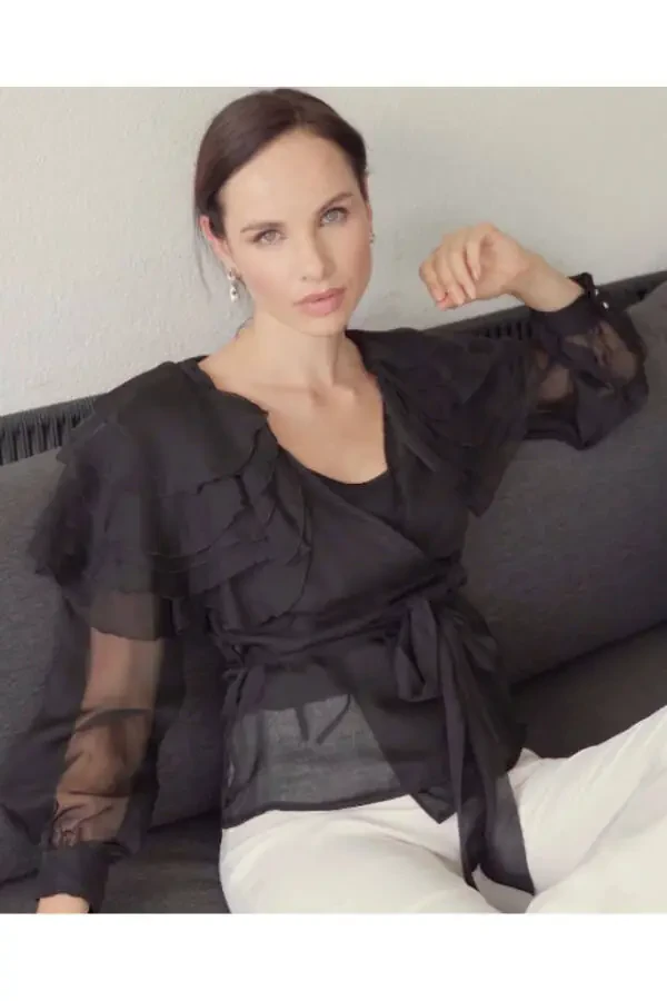 V-Neck Layered Shoulders Black Shirt 39339 - 1