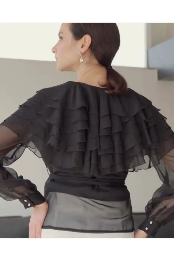 V-Neck Layered Shoulders Black Shirt 39339 - 2