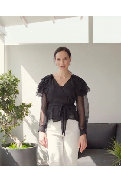 V-Neck Layered Shoulders Black Shirt 39339 - 3