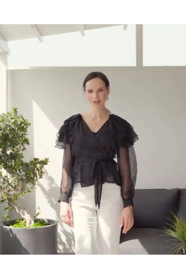 V-Neck Layered Shoulders Black Shirt 39339 - 3