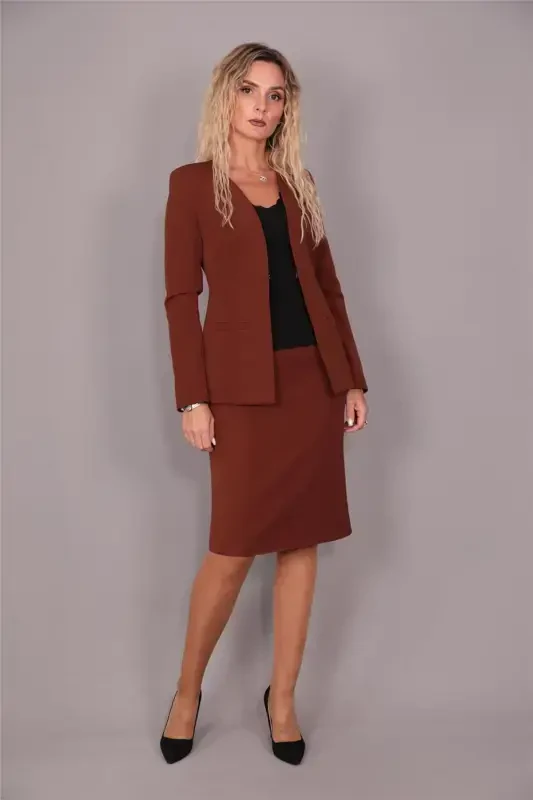V-Neck Long Corporate Jacket & Pencil Skirt Set-Bitter Coffee-Bitter Coffee - 5