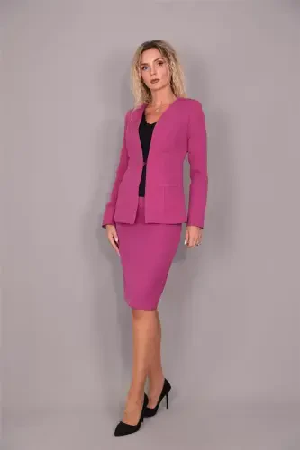 V-Neck Long Corporate Jacket & Pencil Skirt Set - Fuchsia - Fuchsia - 3