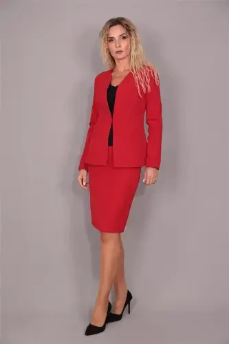 V Neck Long Corporate Jacket & Pencil Skirt Set-Red-Red - 4
