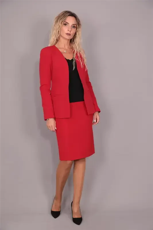 V Neck Long Corporate Jacket & Pencil Skirt Set-Red-Red - 5