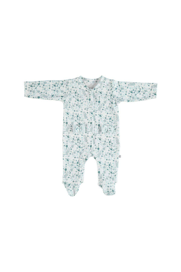 V-neck Long Sleeve Ribbon Detailed Patterned Mint Baby Romper - 1