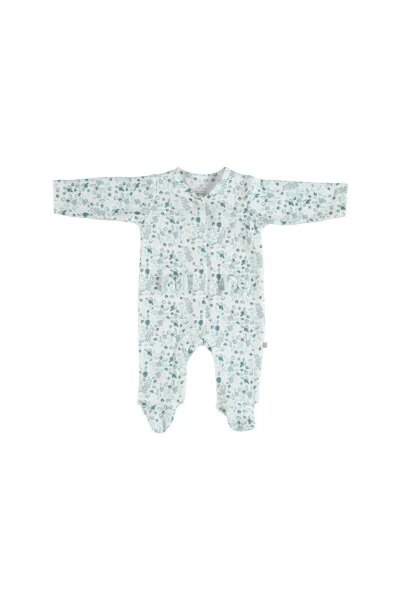 V-neck Long Sleeve Ribbon Detailed Patterned Mint Baby Romper - Modazone