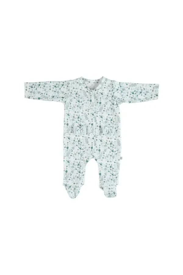 V-neck Long Sleeve Ribbon Detailed Patterned Mint Baby Romper - 1
