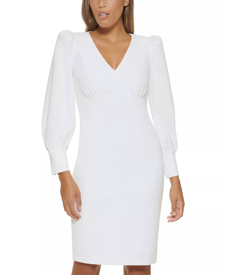 V-Neck Long-Sleeved Scuba-Crepe Sheath Dress Cream - 4