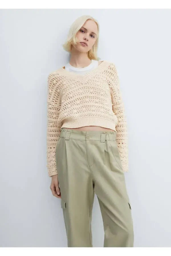 V-Neck Openwork Knit Sweater - 1