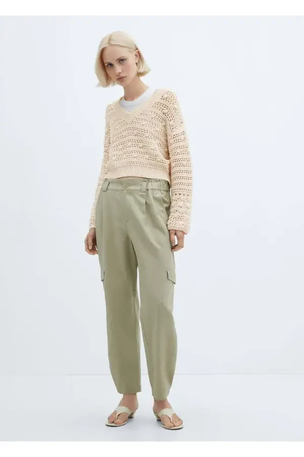 V-Neck Openwork Knit Sweater - 2