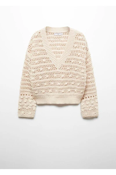 V-Neck Openwork Knit Sweater - 3