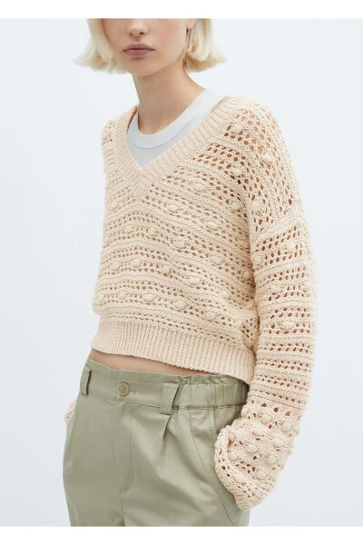 V-Neck Openwork Knit Sweater - 7