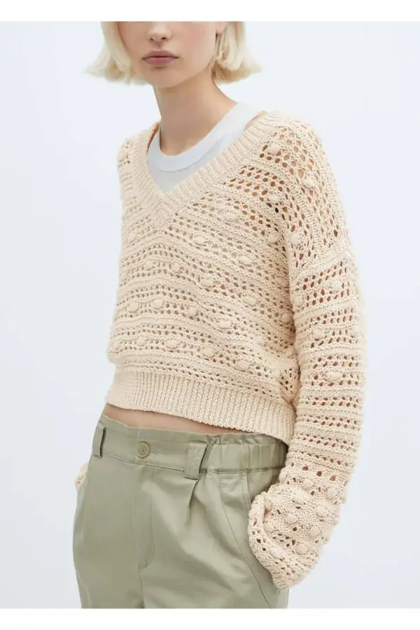 V-Neck Openwork Knit Sweater - 7