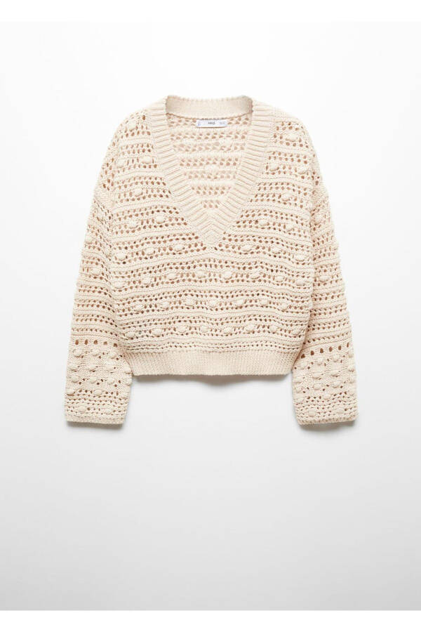 V-Neck Openwork Knit Sweater - 3