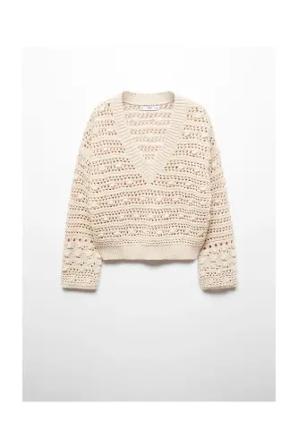V-neck openwork knitted sweater-Beige - 1