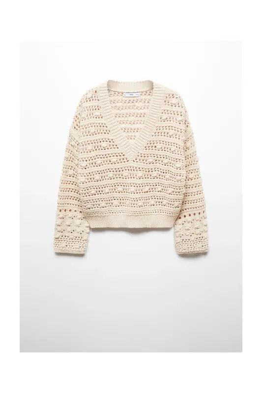 V-neck openwork knitted sweater-Beige - 1