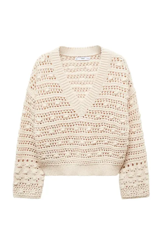 V-neck openwork knitted sweater-Beige - 2