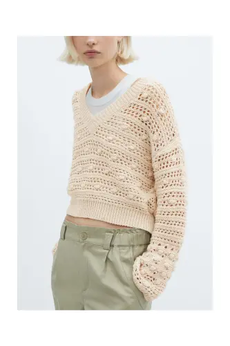 V-neck openwork knitted sweater-Beige - 4