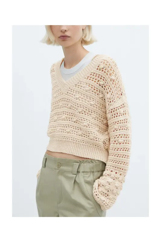 V-neck openwork knitted sweater-Beige - 4