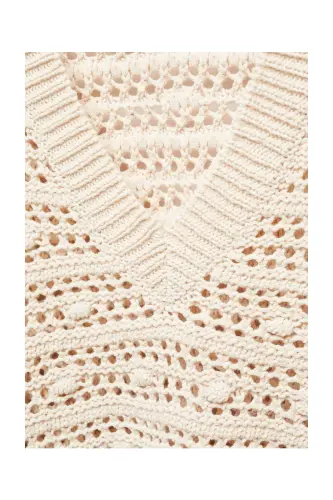 V-neck openwork knitted sweater-Beige - 5