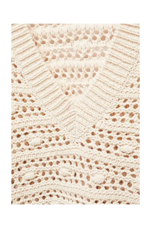 V-neck openwork knitted sweater-Beige - 5
