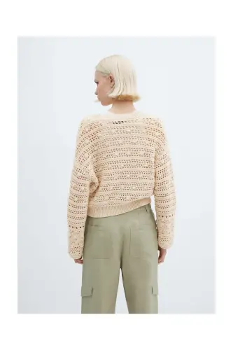 V-neck openwork knitted sweater-Beige - 6
