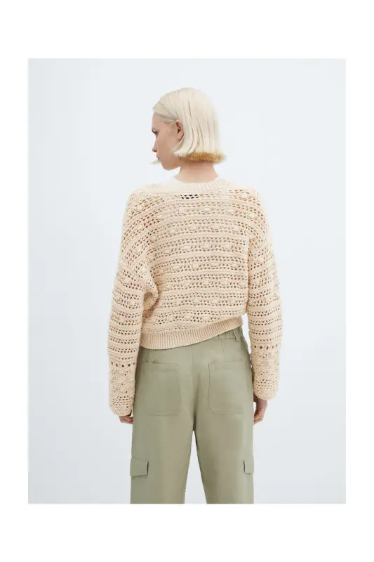 V-neck openwork knitted sweater-Beige - 6