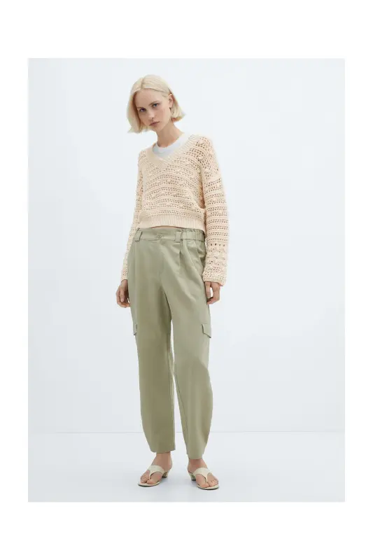 V-neck openwork knitted sweater-Beige - 7