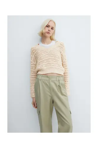 V-neck openwork knitted sweater-Beige - 8