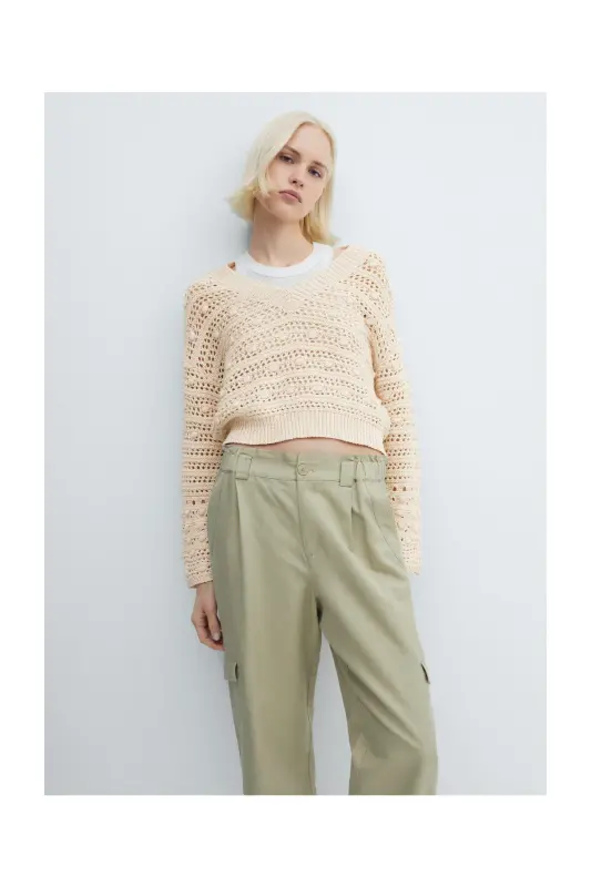 V-neck openwork knitted sweater-Beige - 8