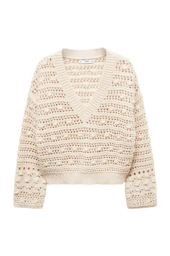V-neck openwork knitted sweater-Beige - MANGO (1)